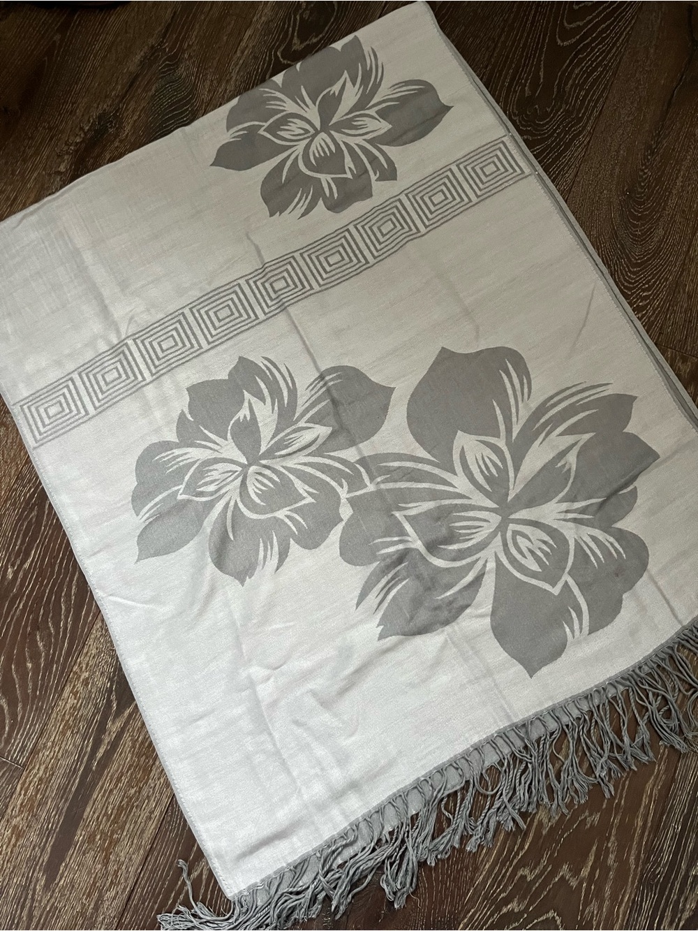 Floral Fringe Scarf/Shawl in Light & Dark Gray